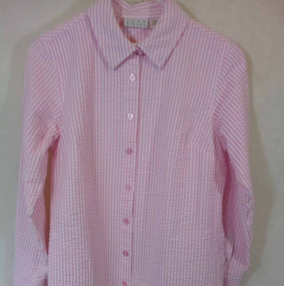 VTG Joan Rivers L/S Pink White Stripe Seersucker Button Down Shirt Blouse XXSP - Picture 1 of 5
